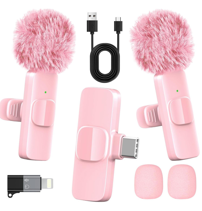 Pink Wireless Lavalier Microphone for iPhone & Android – Mini Clip-On Mic with N