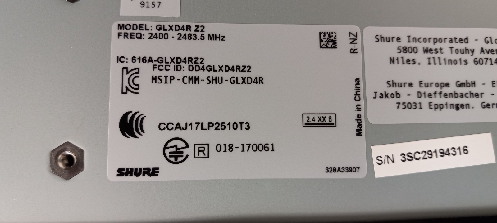 SHURE GLXD4R Z2 2.4 GHz Digital Wireless Microphone Receiver WMR-102 w/Adapter