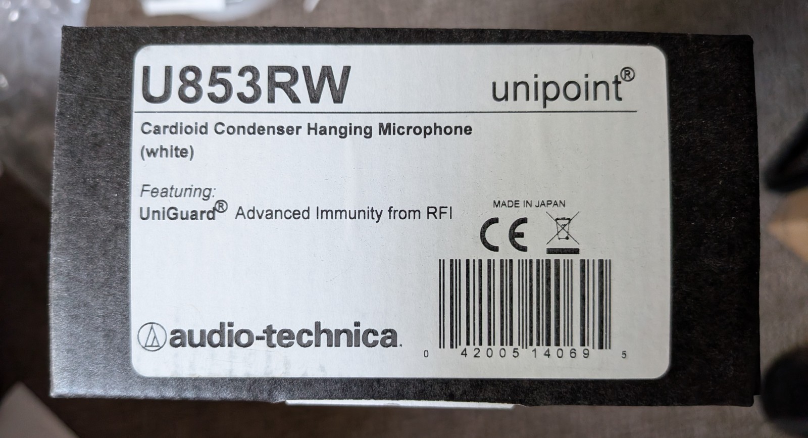 Audio-Technica U853RW Condenser Hanging Microphone White W/ AT8538 NEW