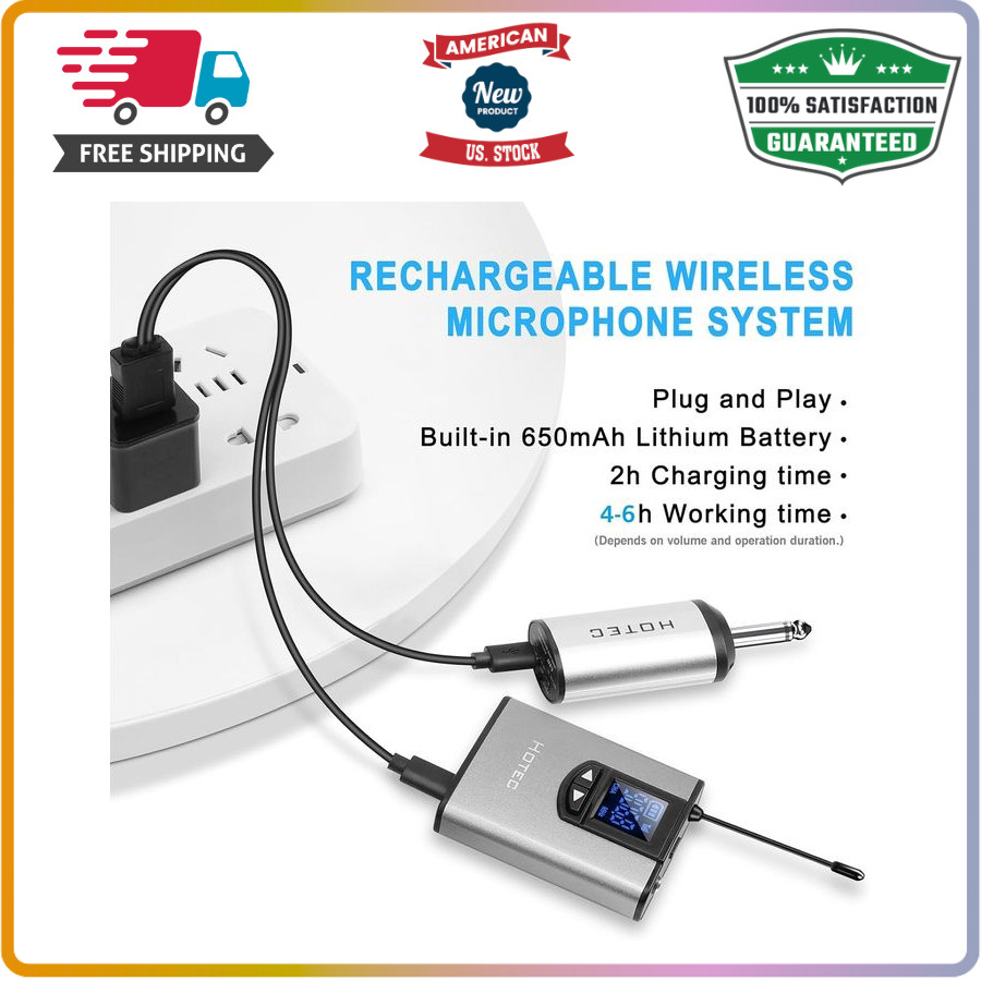 UHF Wireless Headset Lavalier Mic with Bodypack & Rechargeable 1/4″ Receiver