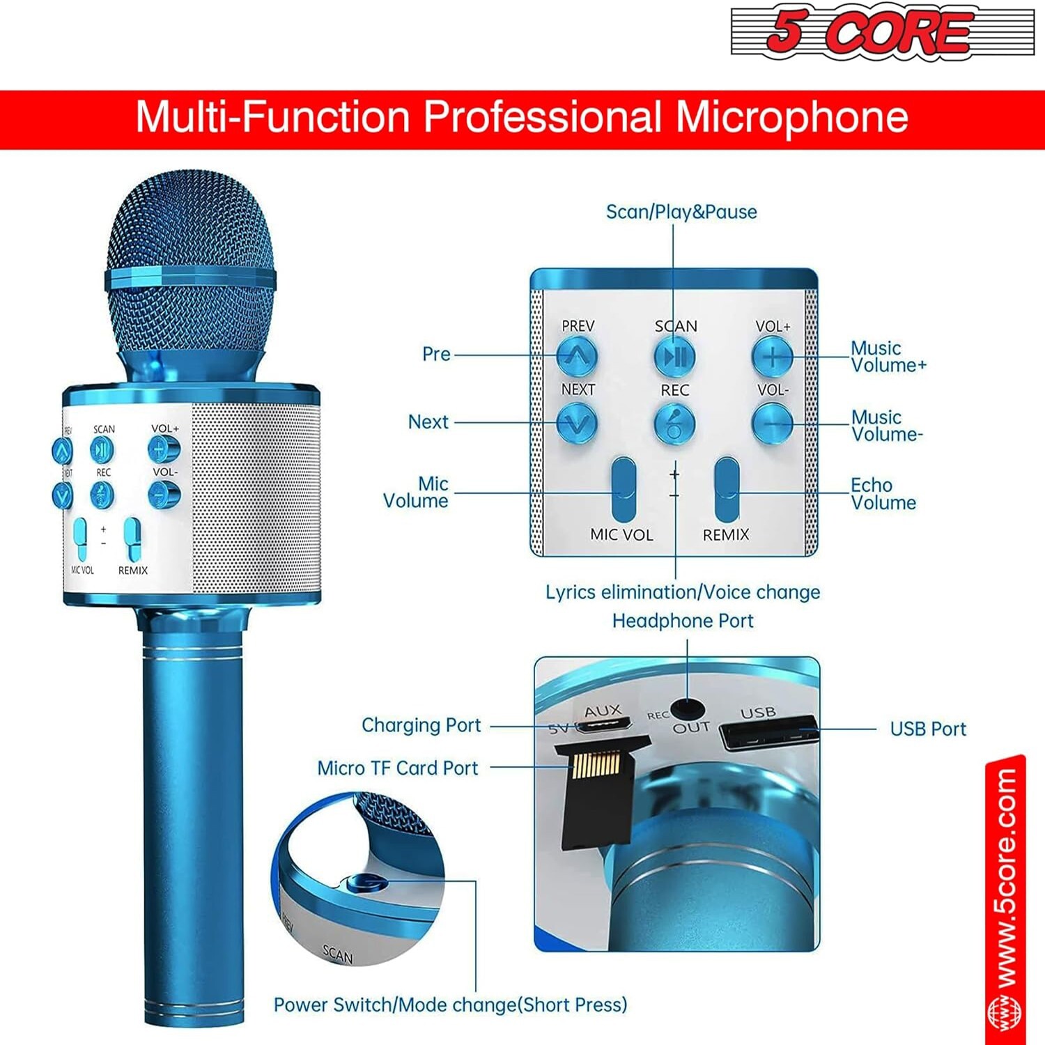 5Core Wireless Karaoke Microphone Bluetooth Mic Portable Handheld Microfonos