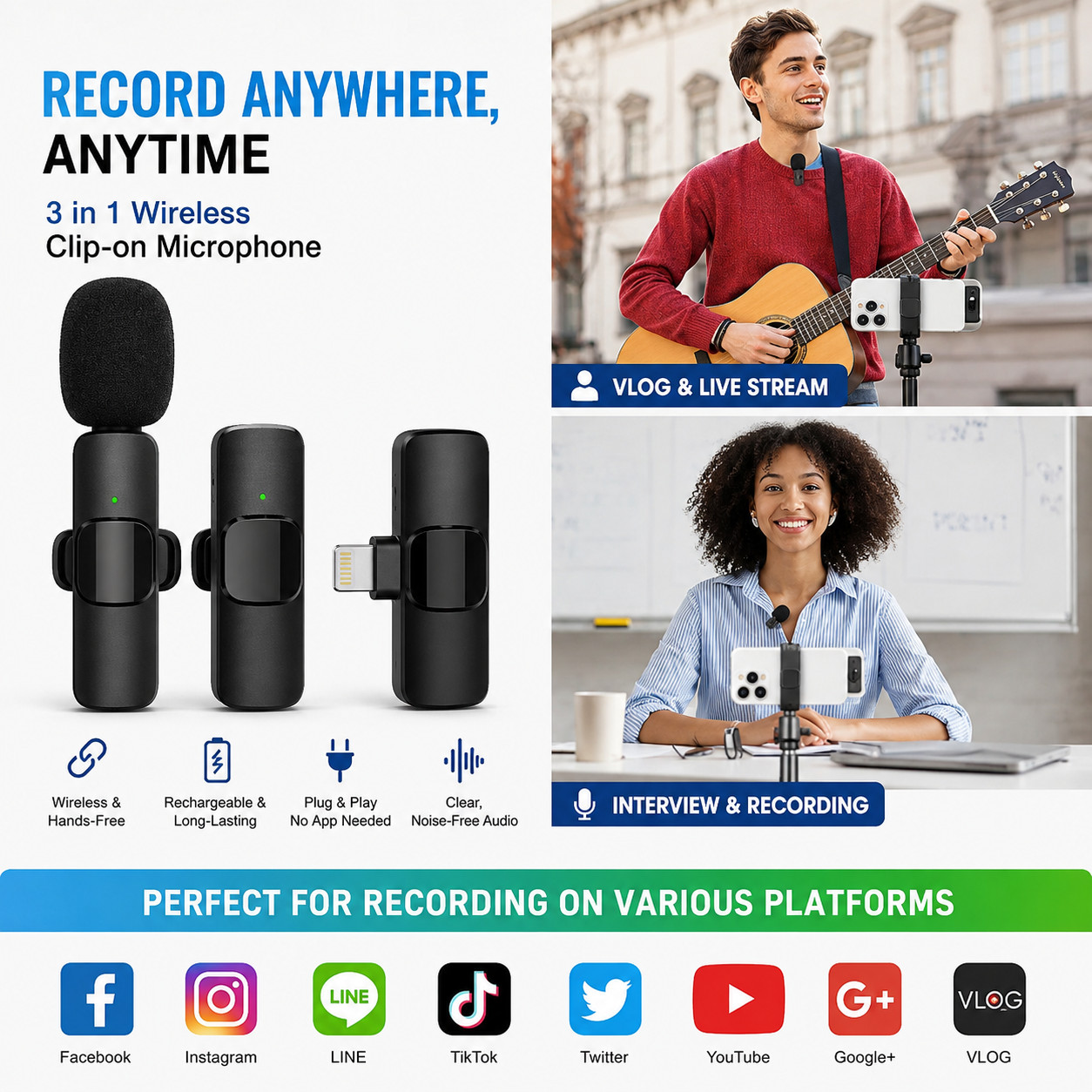 3 in 1 Wireless Clip-on Microphones for iPhone, Camera, Android, iPad
