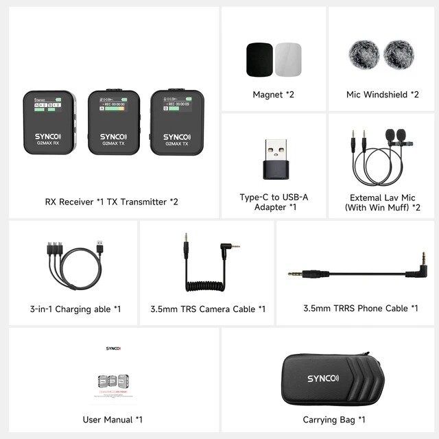 Synco G2A2 MAX 2.4GHz Wireless Lavalier Microphone 2 Transmitter and 1 Reicever