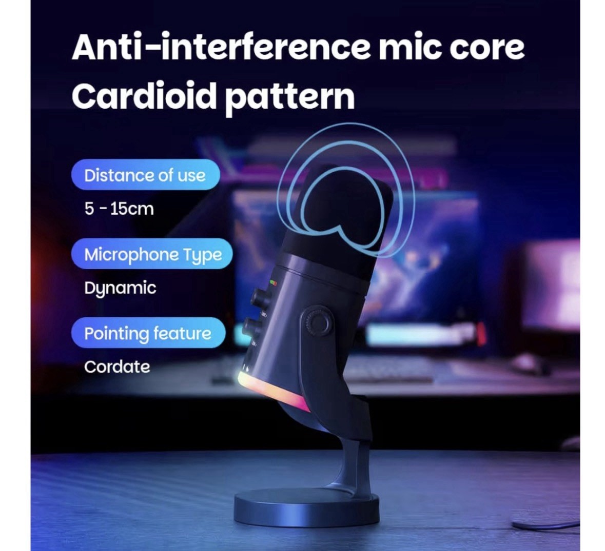 USB/XLR Desktop Dynamic Microphone with RGB Light, Noise Reduction & Mute Button