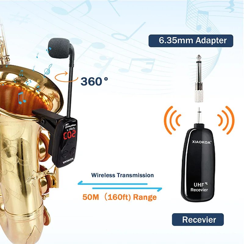 XIAOKOA UHF Wireless Instruments Saxophone Microphone Wireless Receiver