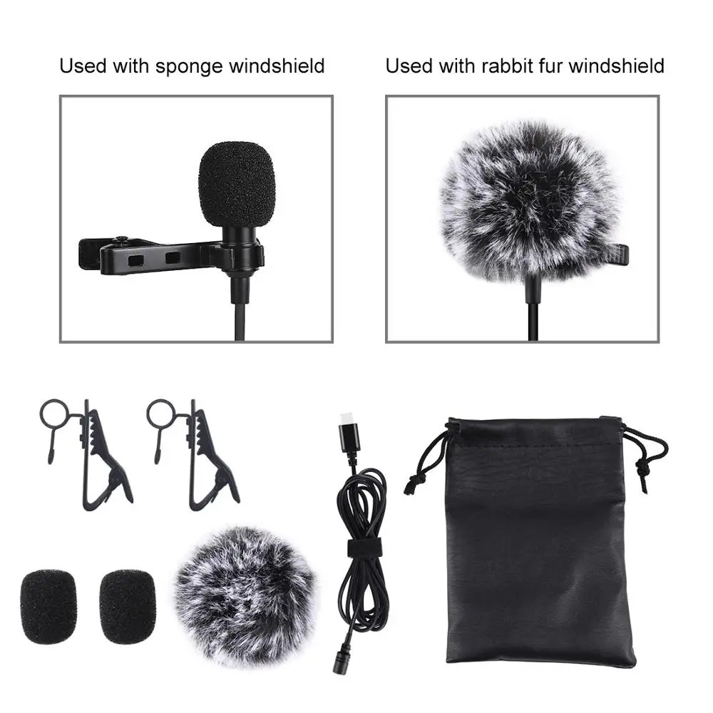 1.5m 3.5mm / Type C Jack Lavalier Wired Condenser Recording Microphone for mobil