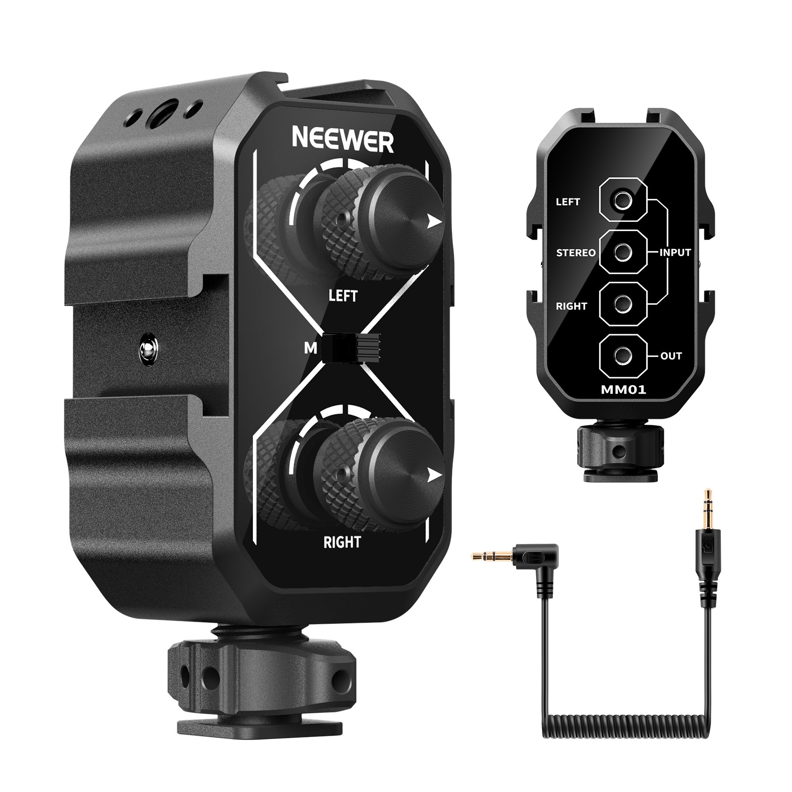 NEEWER MM01D Dual Mic Mixer w/Cold Shoe, 3.5mm TRS for Camera/Phone
