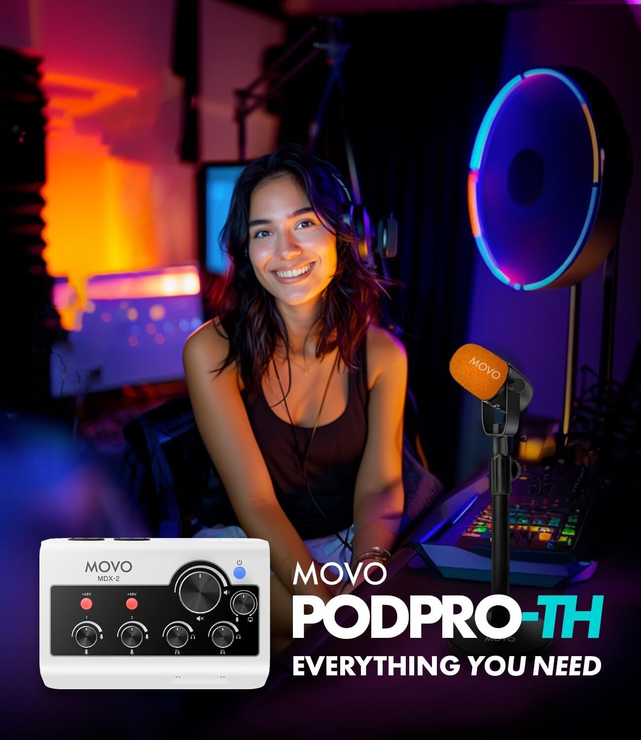 Movo PodPro-TH Tabletop Portable Podcasting Bundle with Headphones for TWO