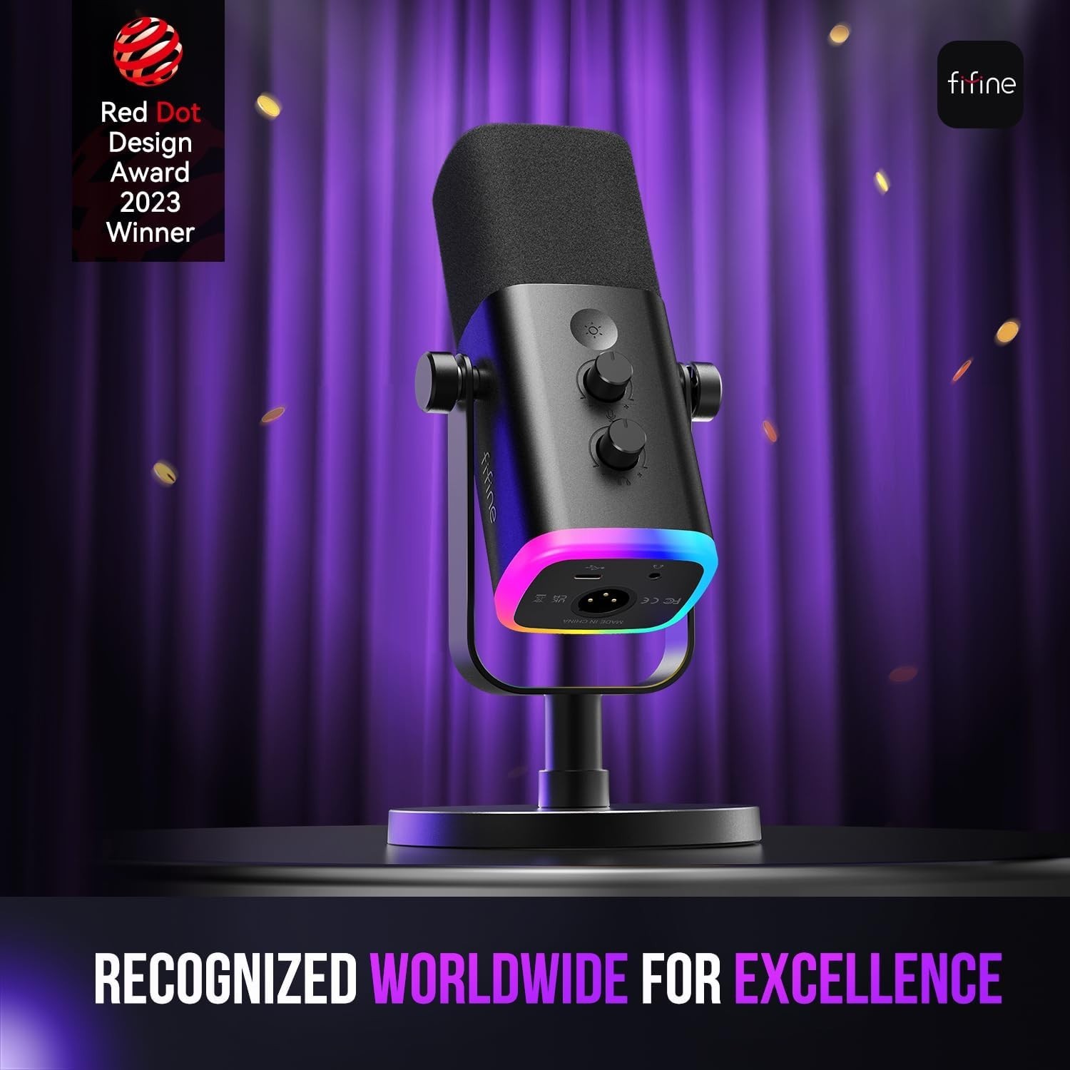 FIFINE AM8 USB/XLR Dynamic RGB Gaming Streaming Podcast Microphone w/Mute.