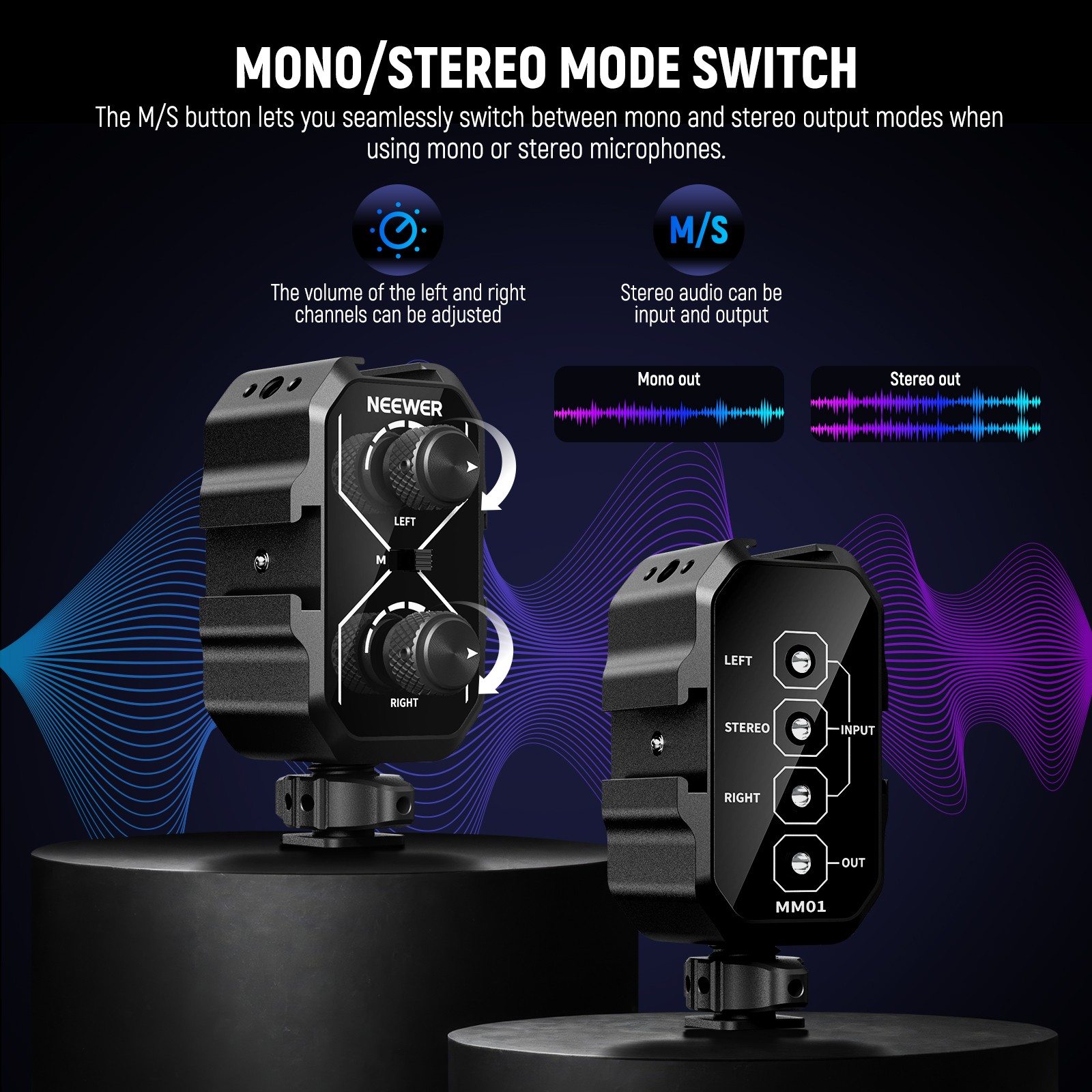 NEEWER MM01D Dual Mic Mixer w/Cold Shoe, 3.5mm TRS for Camera/Phone