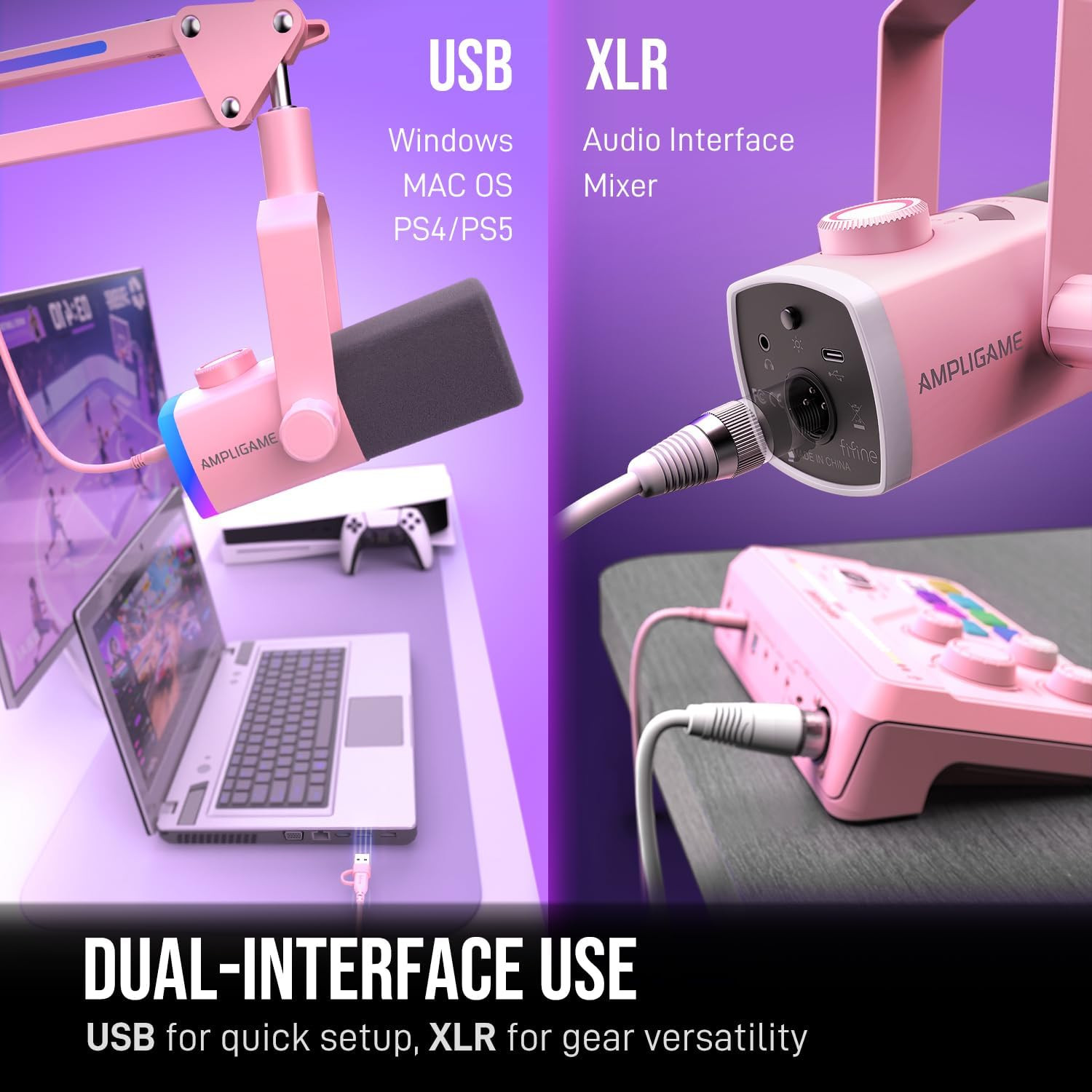 XLR/USB Gaming Microphone Kit with Boom Arm Stand, RGB Streaming Mic for Compute