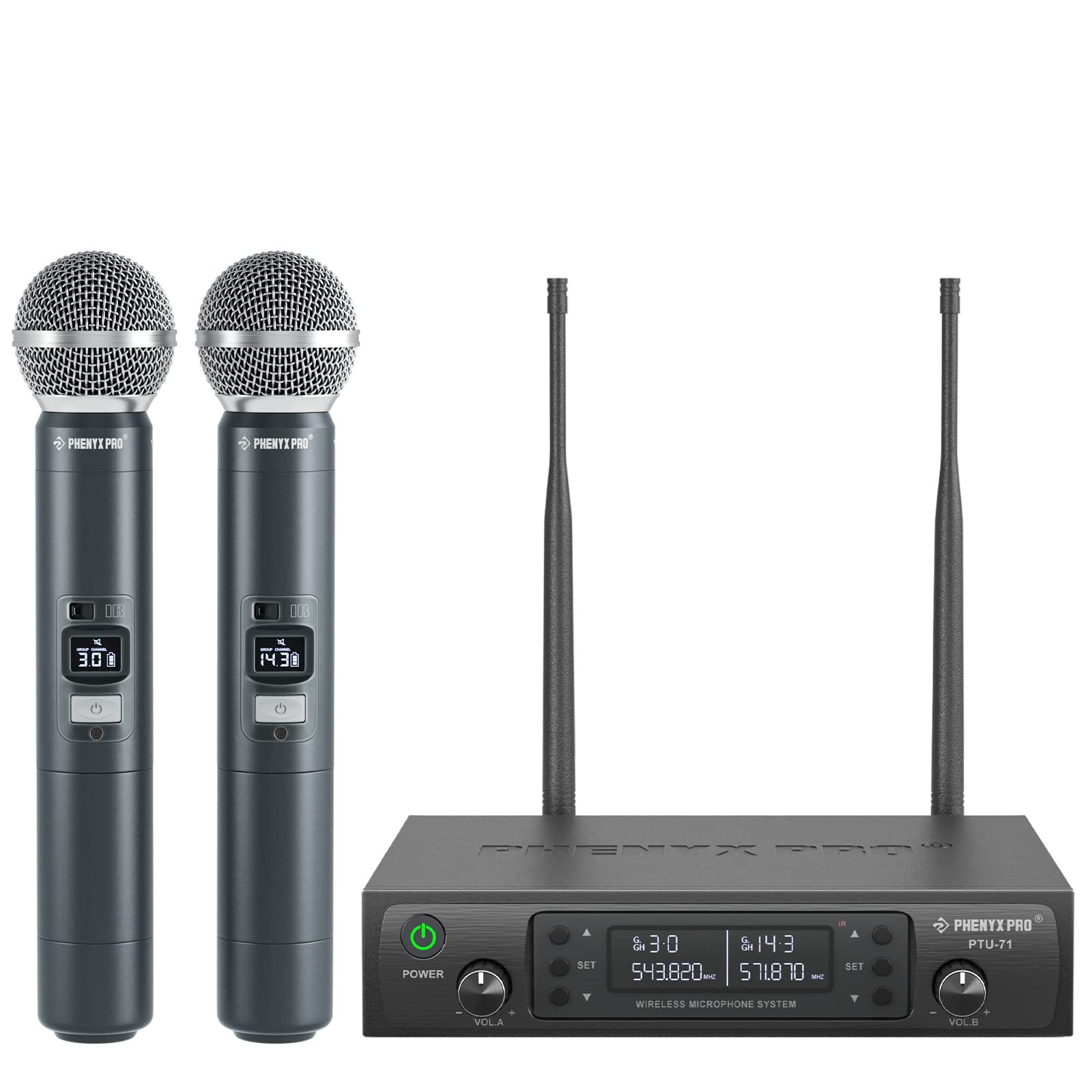 Phenyx Pro Wireless Microphone System, Dual Two Handheld Mics, Black