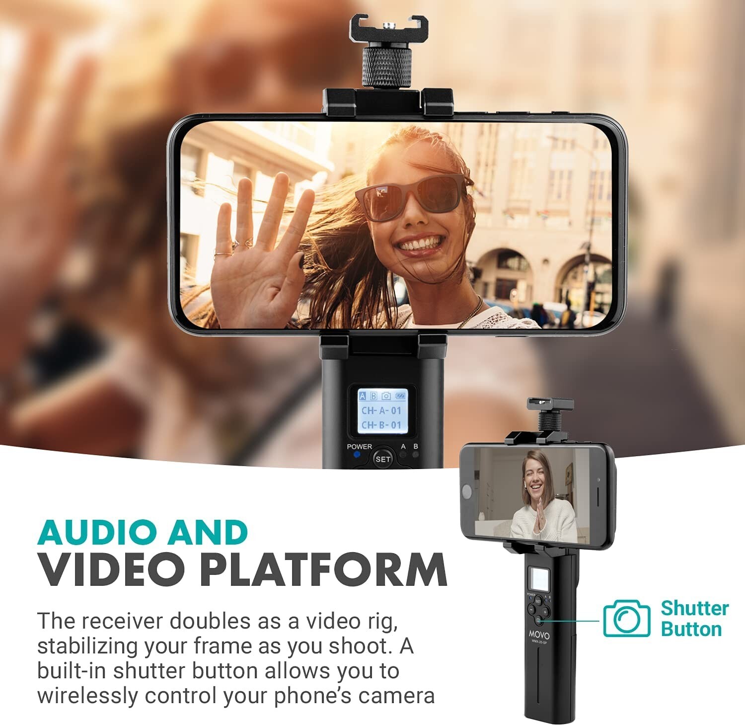 Movo WMX-20-SP Smartphone Stabilizer & UHF Wireless Receiver for Lav Mic System