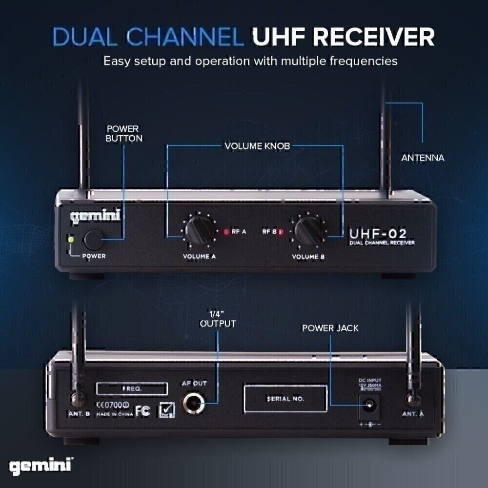 Gemini Sound UHF-02M Pro Live Stage PA Karaoke Handheld Wireless Microphones