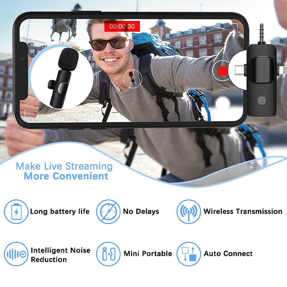 Lavalier Wireless Microphone Audio Video Recording Mini Mic For Android/iphone
