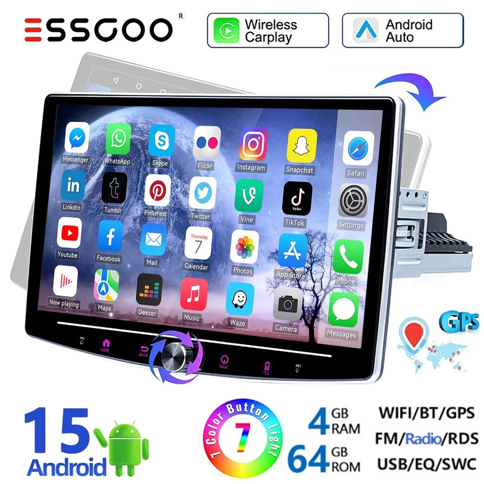10″ Single DIN Android 15 BT Car Stereo Radio Carplay GPS Rotatable Screen 4+64G