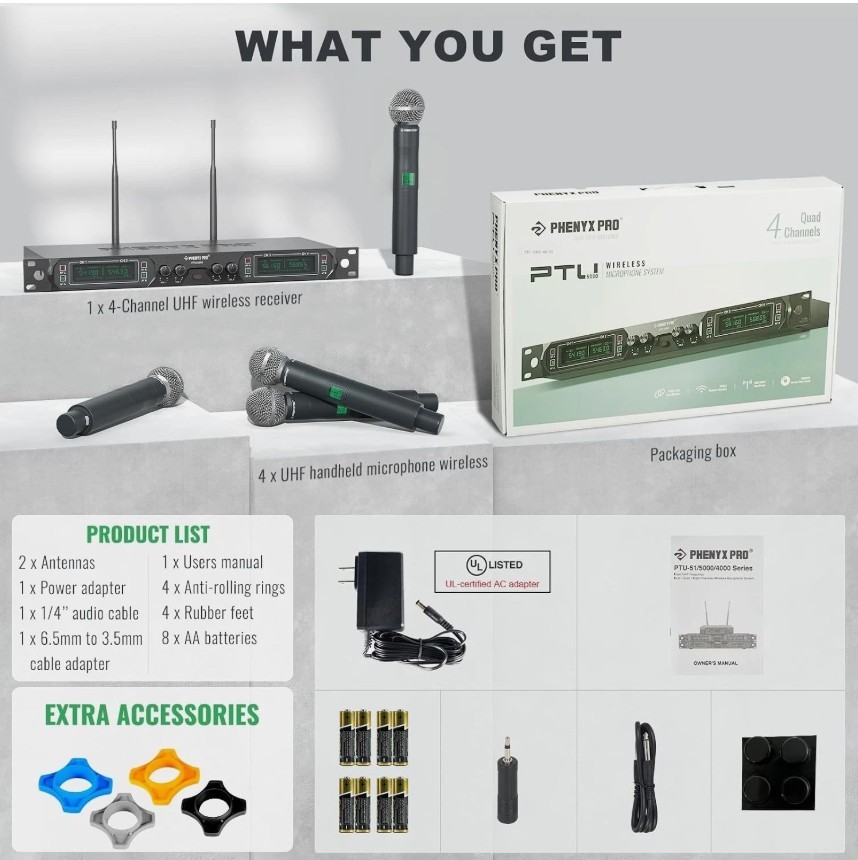 4-Ch UHF Fixed Frequency Wireless Microphone System PTU-5000-4H | 4 Dynamic Hand