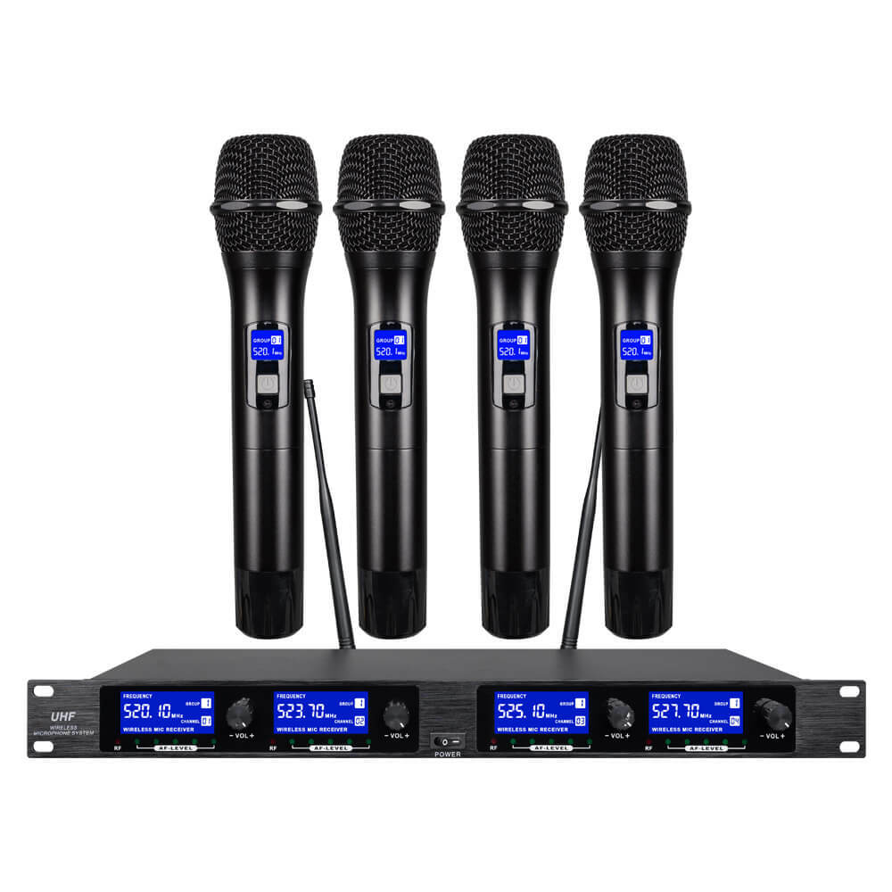 Wireless Microphone System Pro Audio UHF 4 Channel 4 Handheld Metal Dynamic Mic