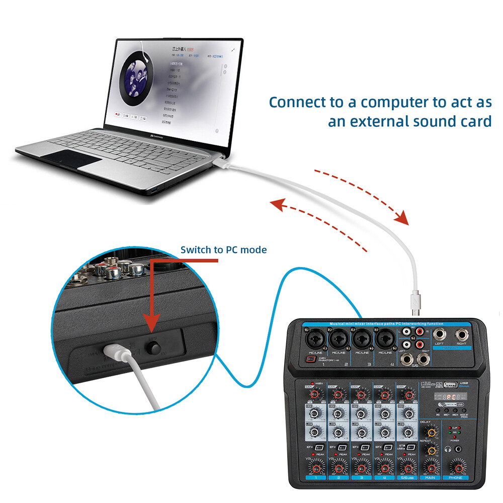 6 Channel Audio Mixer Bluetooth Mixing Console For DJ Karaoke Live Podcast USB