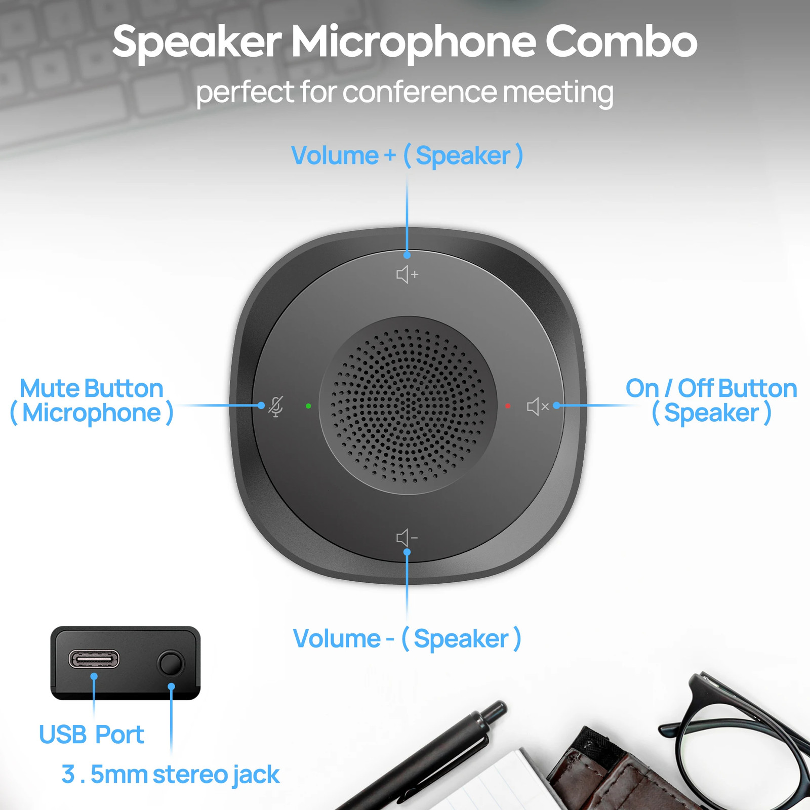 USB Conference Speaker Microphone Wired Touch Key Omni Mic Directional High Volu