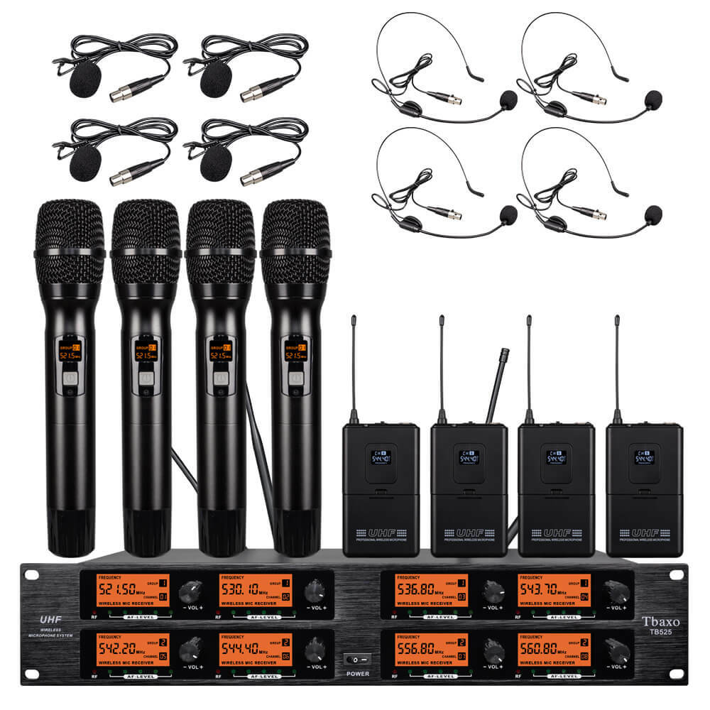 Wireless Microphone System UHF 8 Channel Pro Audio 4 Handheld 4 Headset Lavalier