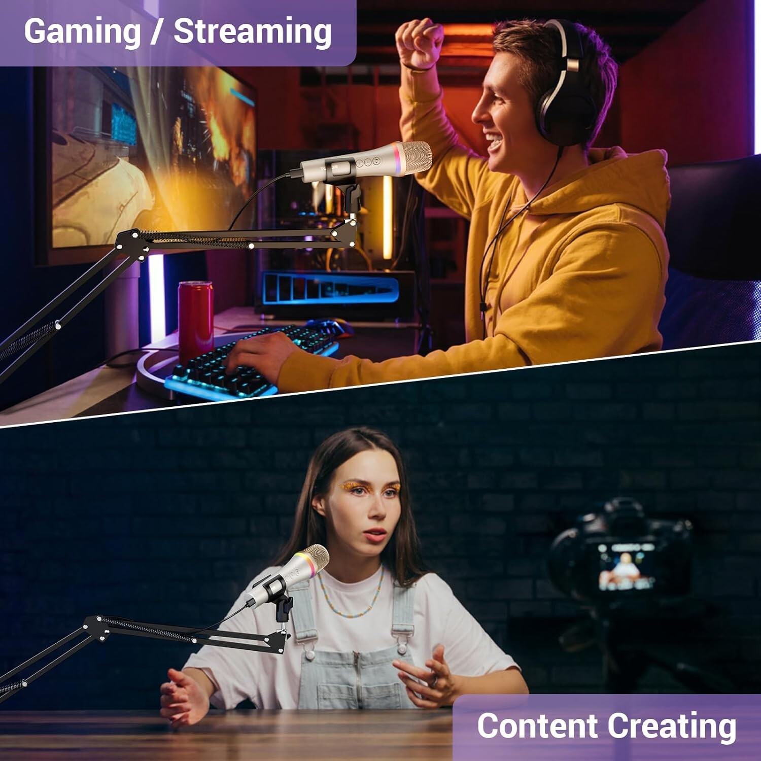 TONOR USB/Type C Dynamic Microphone for PC, RGB Podcast Computer Gaming Mic