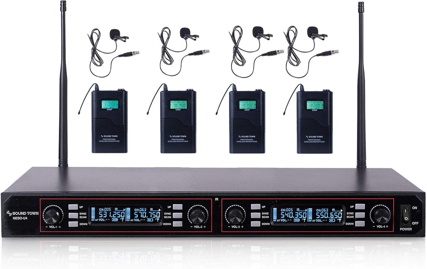 UHF Wireless Microphone System with 4 Lavalier Mics & Bodypack Transmitters