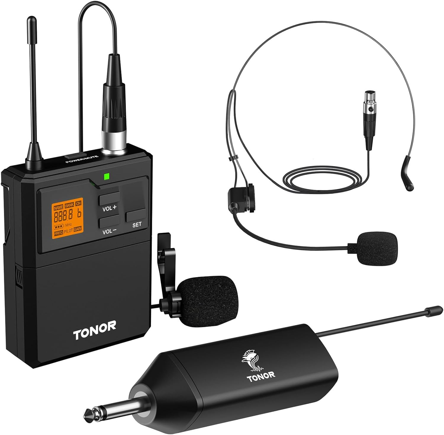 UHF Wireless Microphone System with Headset Lavalier Lapel Mic, Bodypack