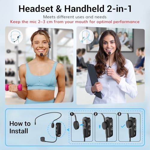 Wireless Headset Microphone System – UHF 2-in-1 Handheld & Ear Mic, 20 Channels,