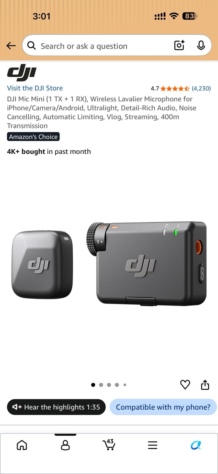 DJI Mic Mini Wireless Lavalier/Lapel Mic 1TX 1RX Noise-Cancelling Black