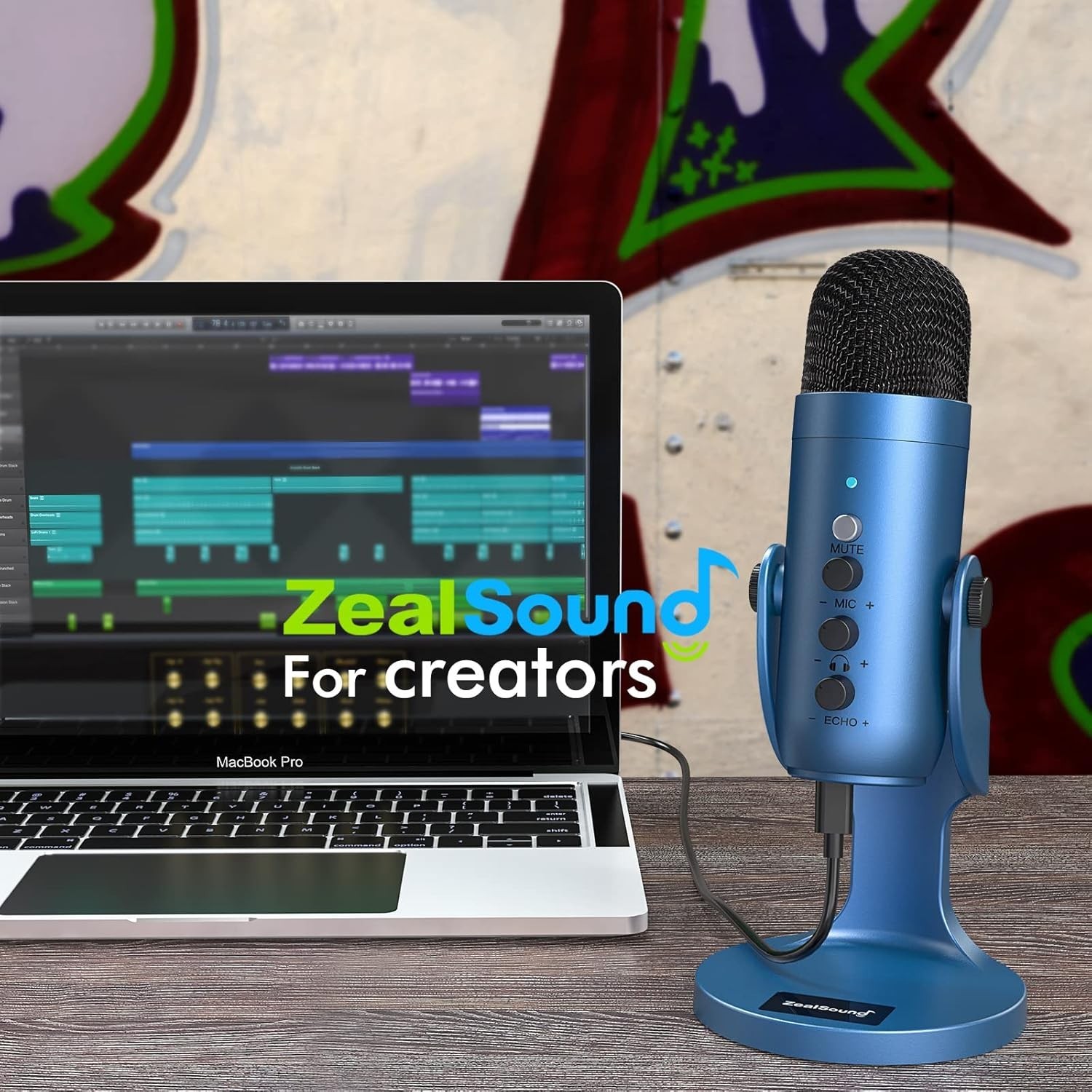 Versatile Blue USB Microphone with Echo Control & Mute Button for Creators