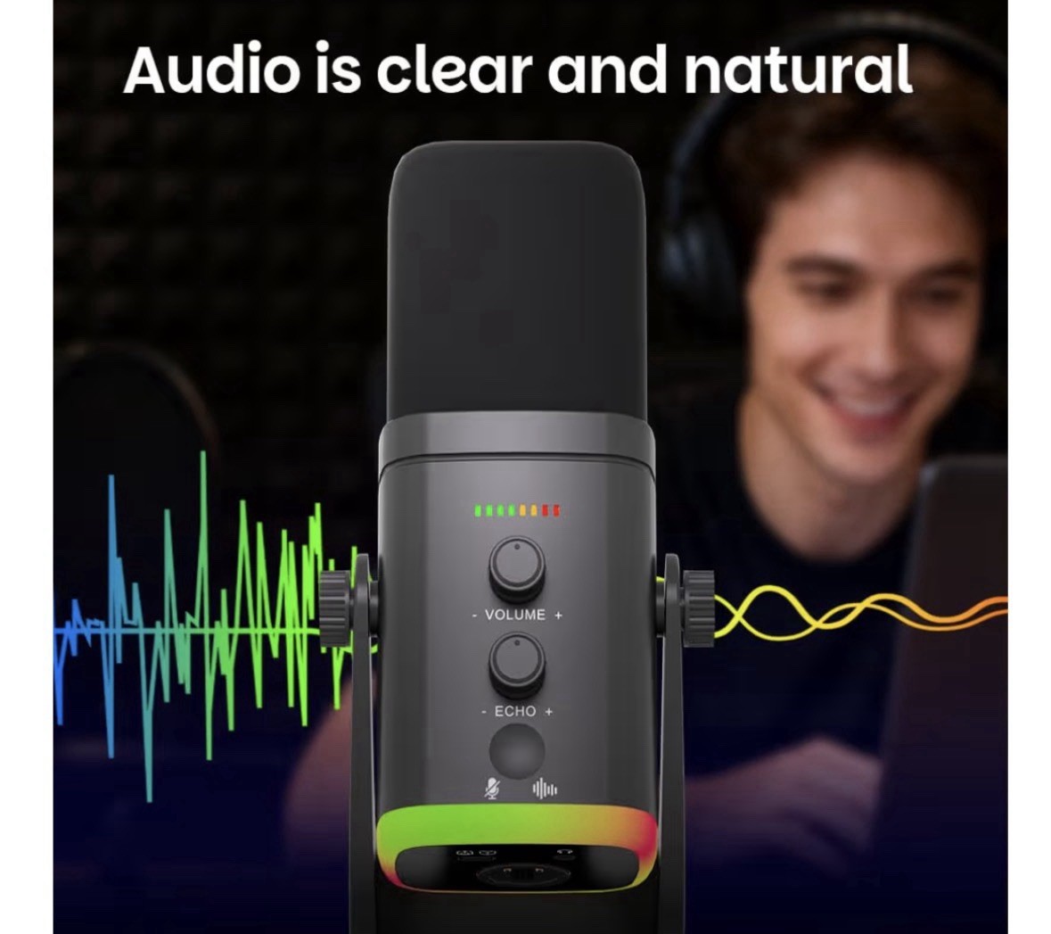 USB/XLR Desktop Dynamic Microphone with RGB Light, Noise Reduction & Mute Button