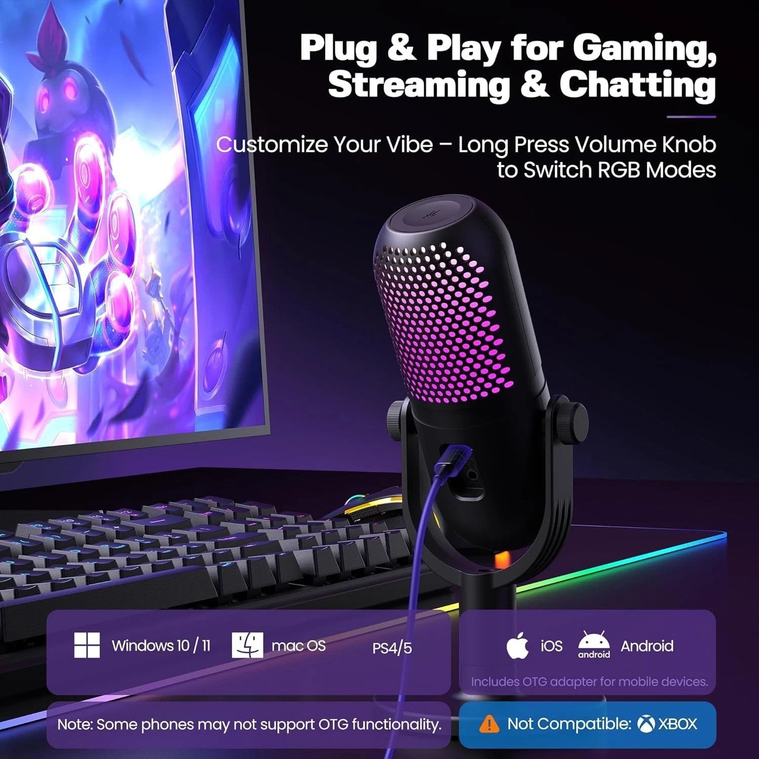 USB RGB Gaming Microphone with One-Touch Mute – Ideal for Streaming & Podcasting