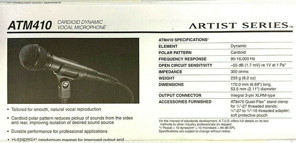Audio-Technica ATM410 Cardioid Dynamic Wired Vocal Microphone & Clip Set!