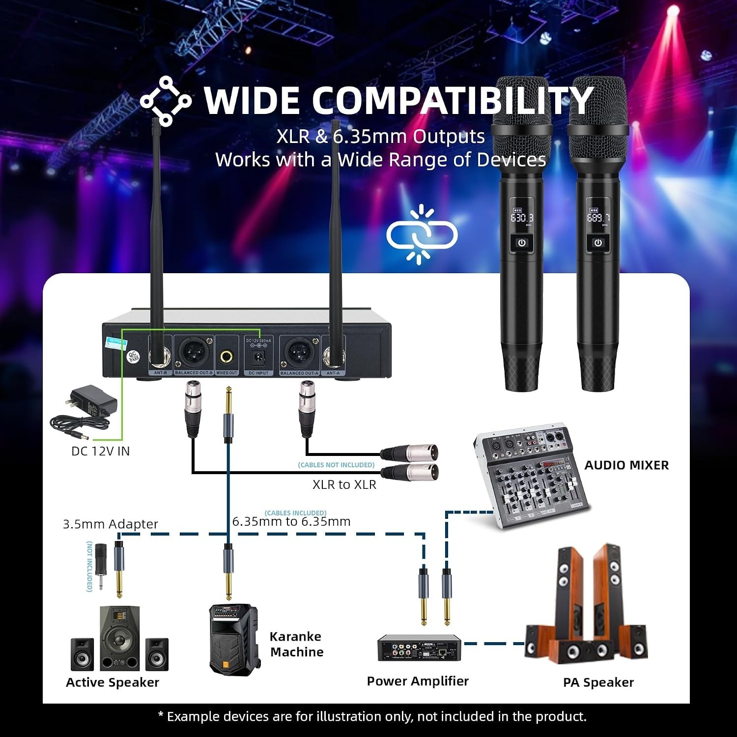 Wireless Microphone System, 500Ft Range, 40H Playtime for Karaoke & Events