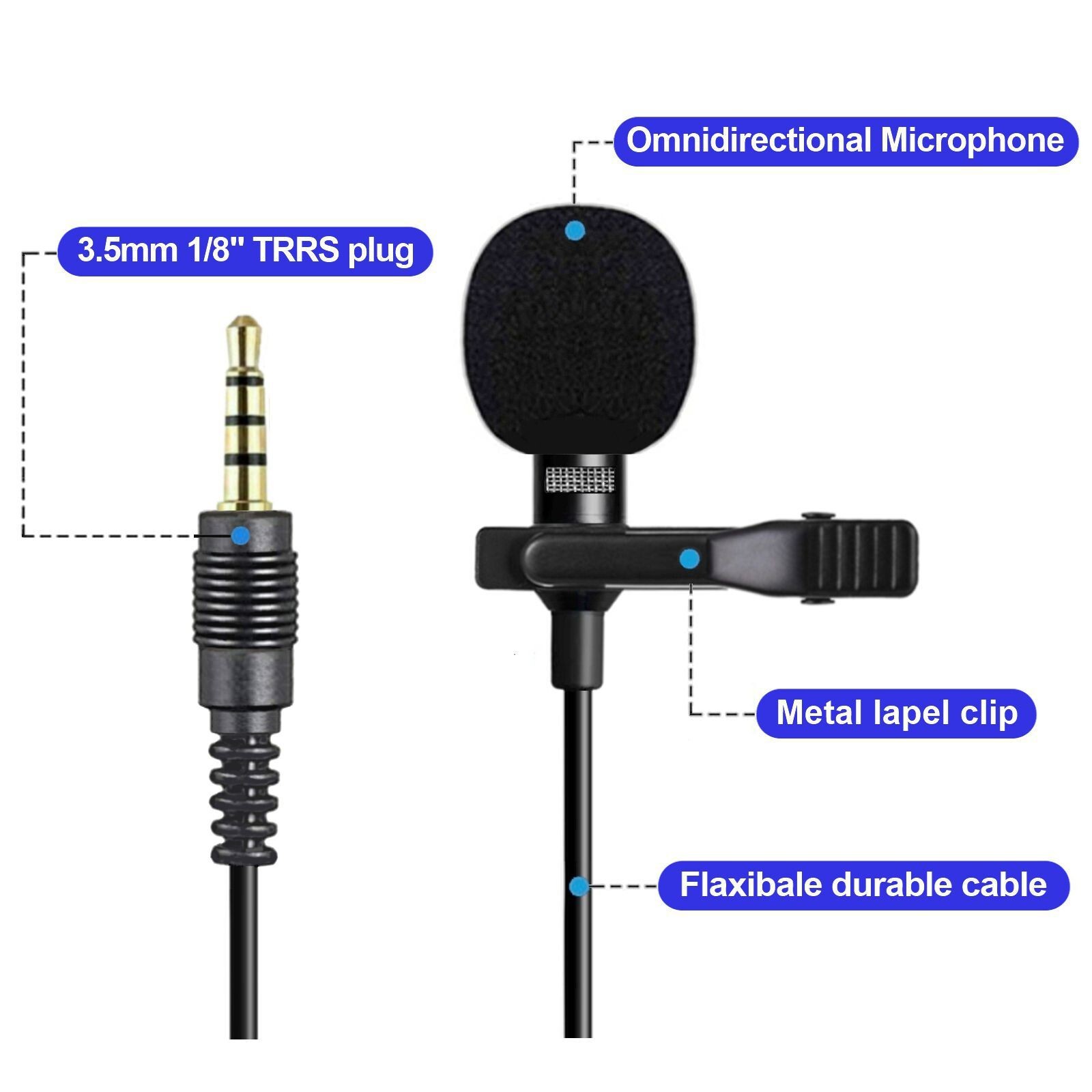 Professional Clip-on Lavalier Lapel Microphone 3.5mm 3-4 Pin TRS-TRRS Plug