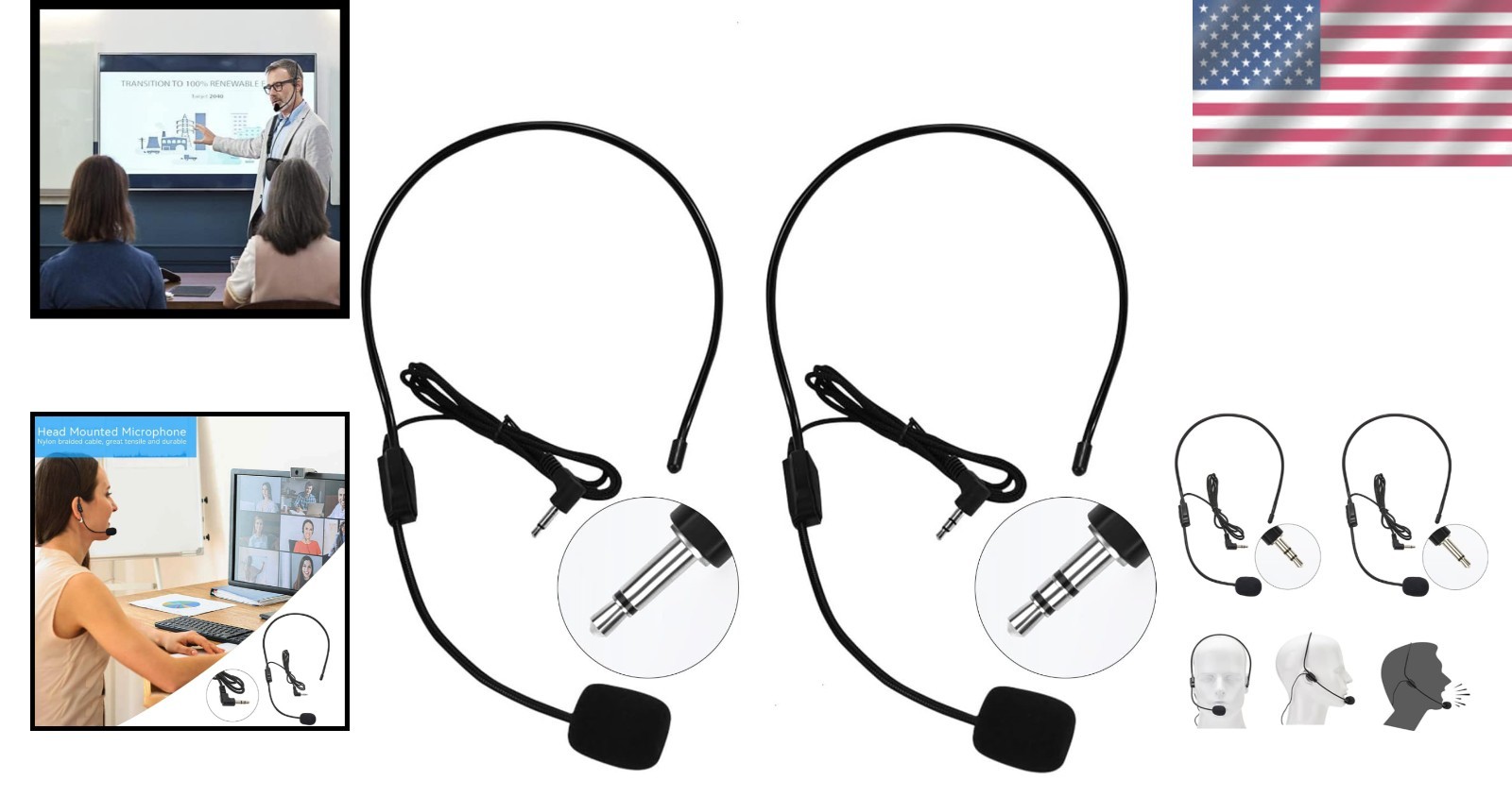 Set of 2 Lightweight Headset Microphones with Flexible Boom for Amplifiers