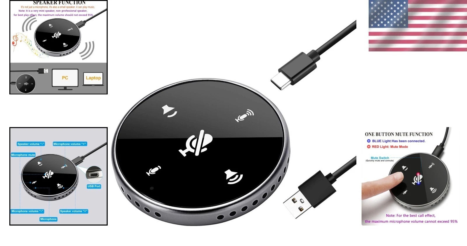 USB Plug & Play Omnidirectional Microphone with Touch Controls for Meetings