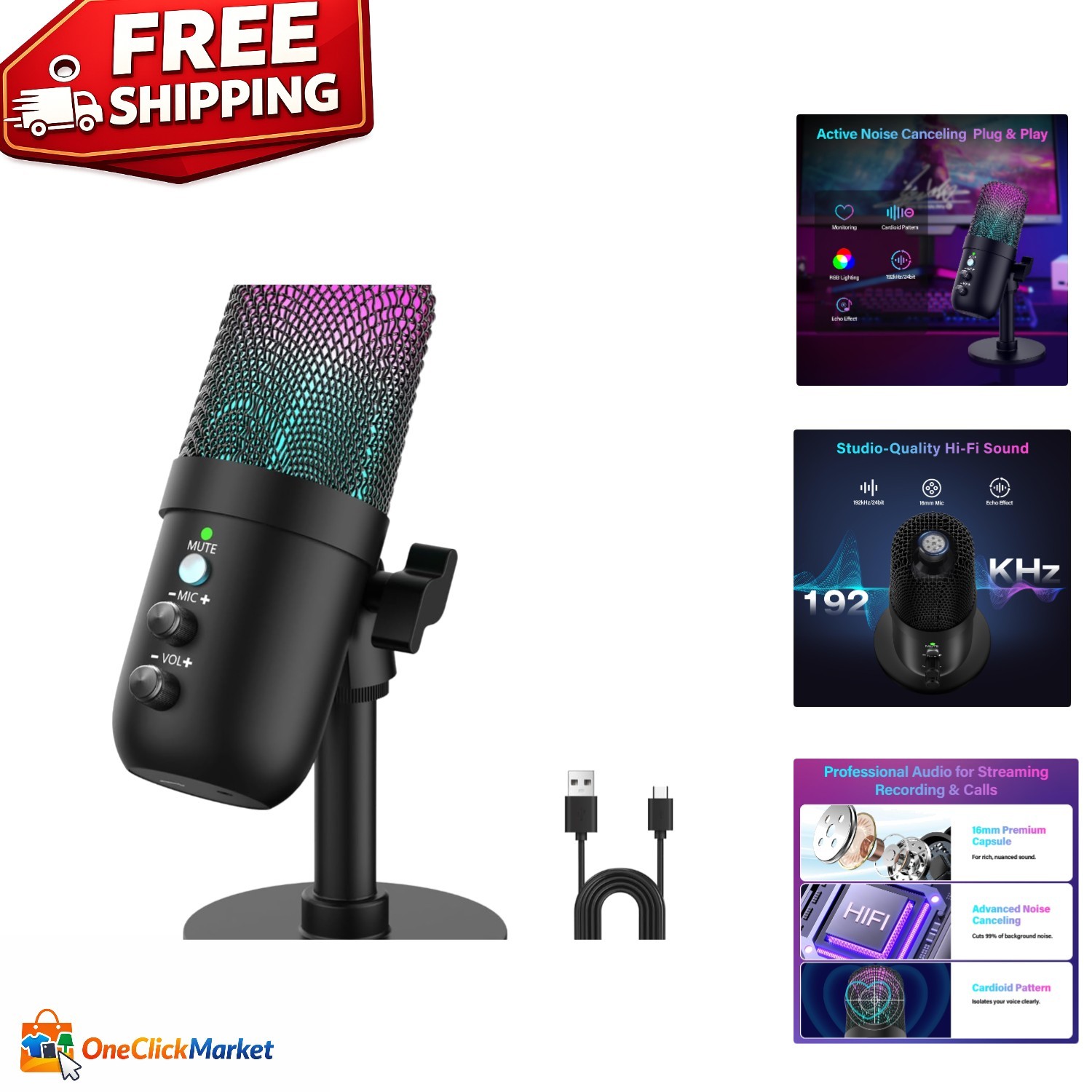 Professional USB Microphone with Noise Cancellation & RGB Lighting for Streaming