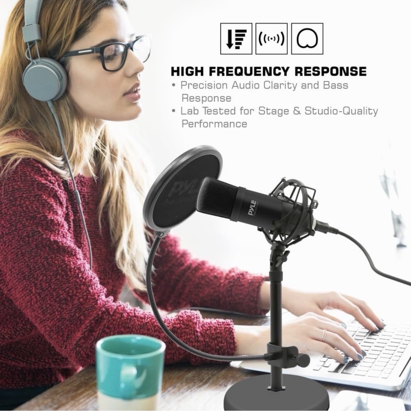 Pyle USB Audio Cardioid Condenser Mic w/Desktop Stand and Pop Filter PDMIKT120