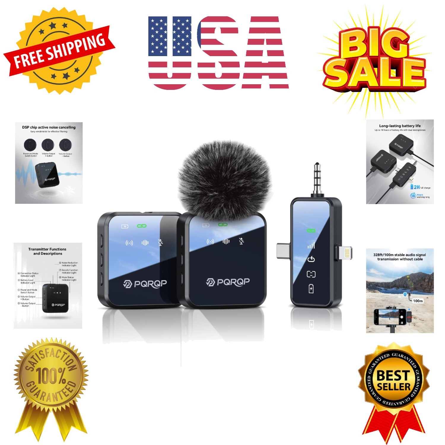 3 in 1 Microphone for iPhone/Android/Camera, Wireless Microphones, 328ft Tran…