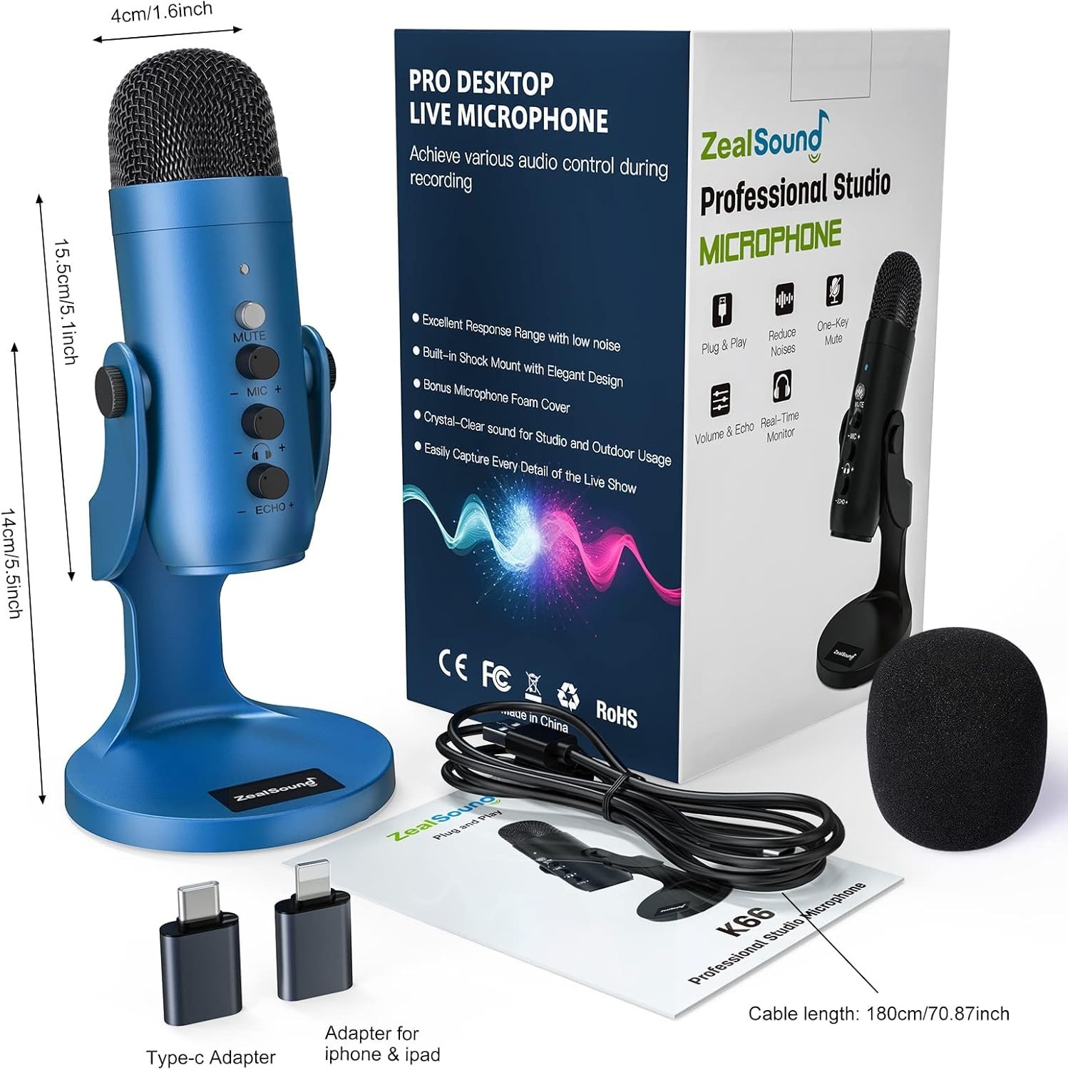 Versatile Blue USB Microphone with Echo Control & Mute Button for Creators