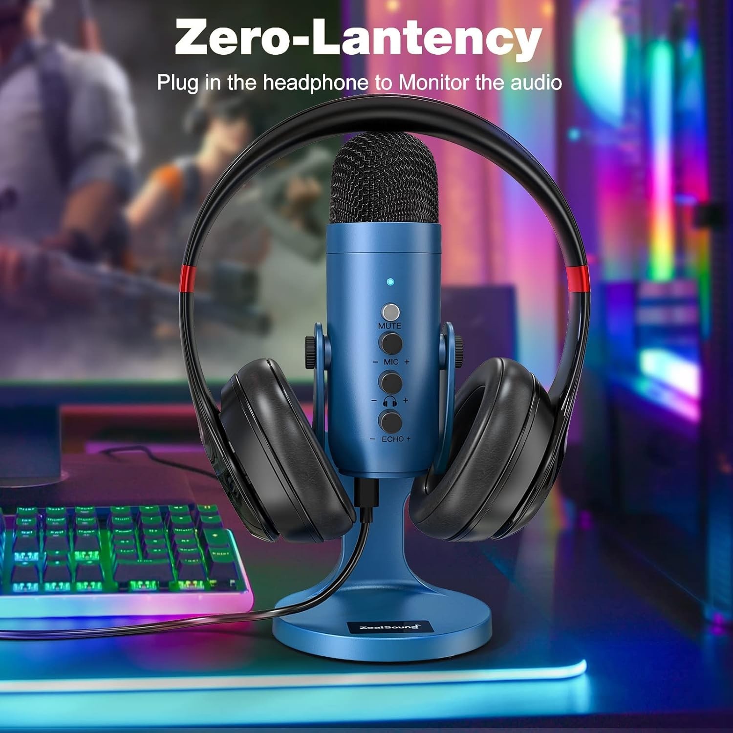 Versatile Blue USB Microphone with Echo Control & Mute Button for Creators