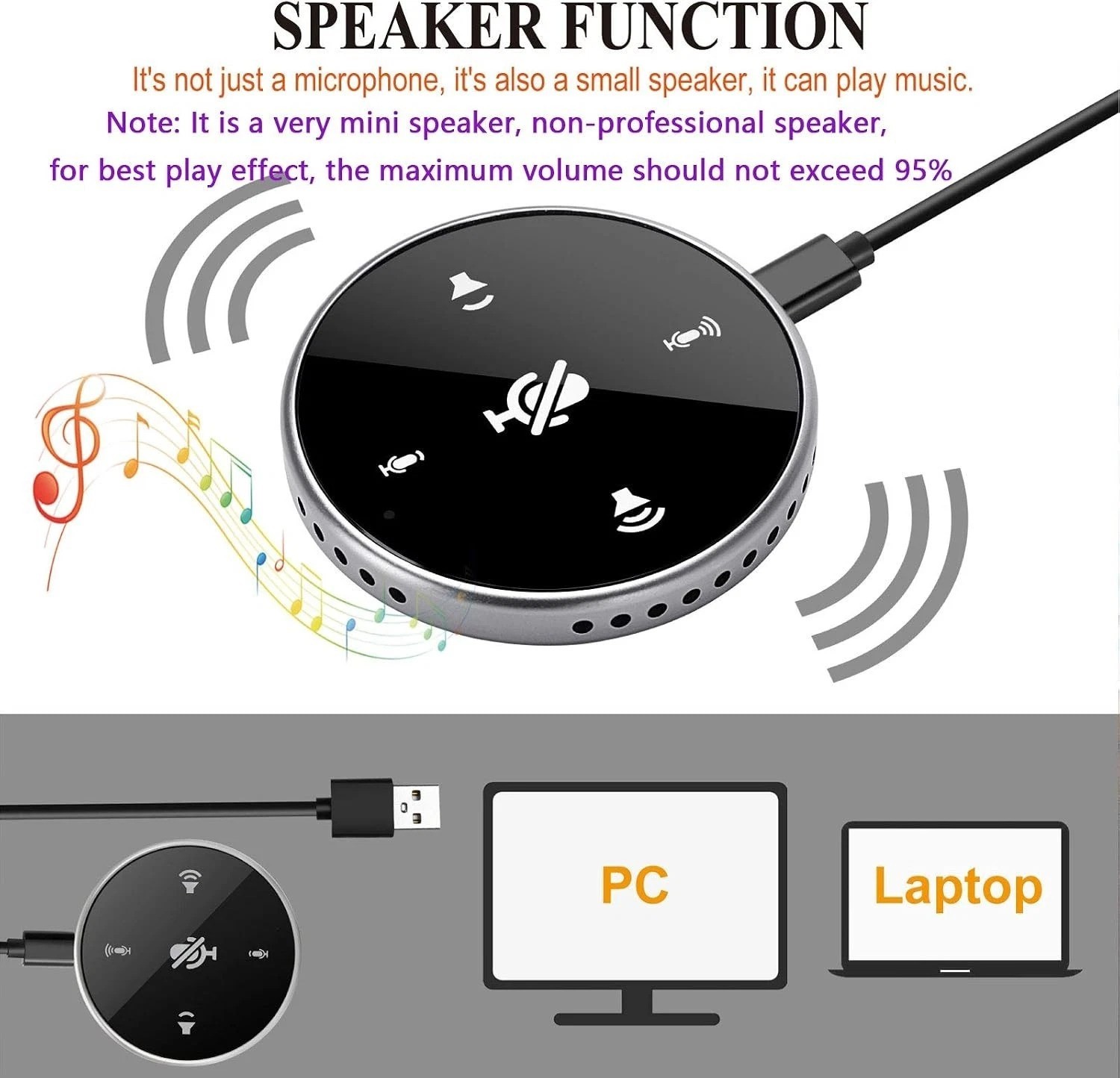 USB Plug & Play Omnidirectional Microphone with Touch Controls for Meetings