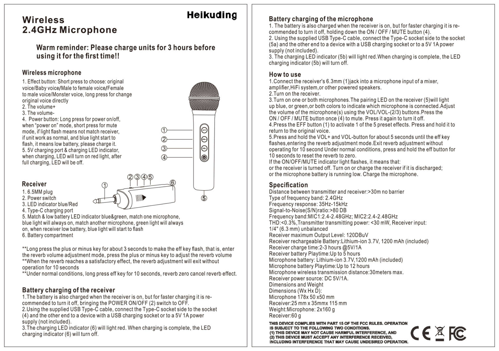 【NEW】HEIKUDING 2 WIRELESS MICROPHONES, PLUG & PLAY W/ ADJUSTABLE VOLUME & ECHO..