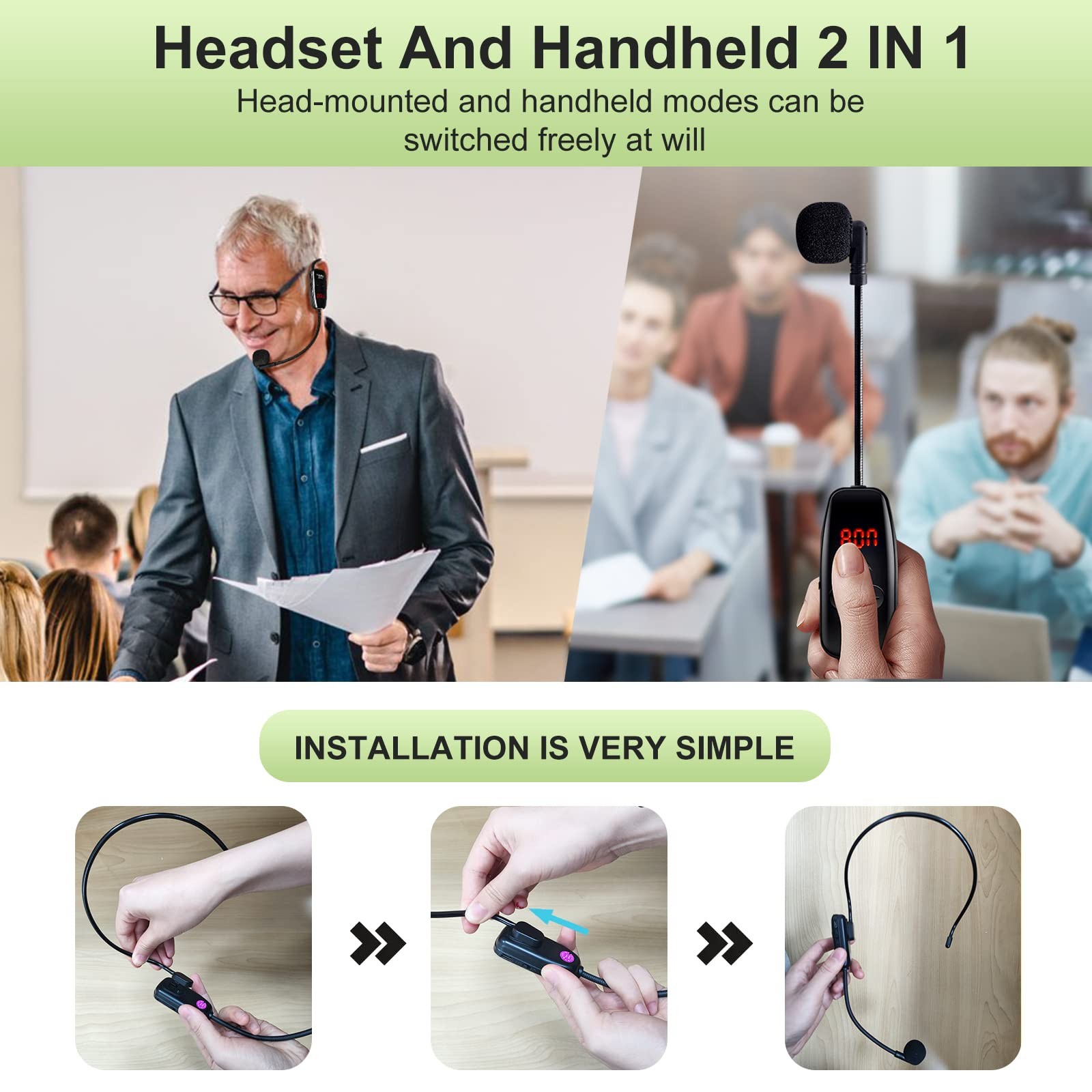 Wireless UHF Microphone Headset System USB C Rechargeable For Fitness Instructor