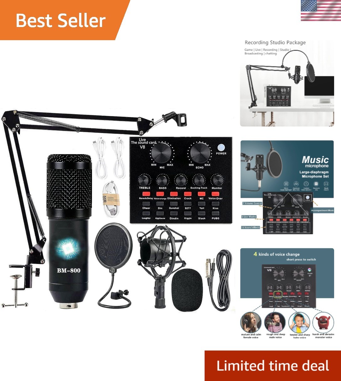Complete Podcast Recording Studio Kit – BM-800, Voice Changer & V8 Sound Card