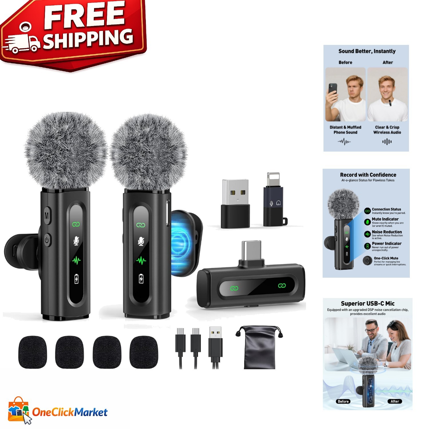 USB-C Wireless Lavalier Microphone with Long Battery Life for Content Creation